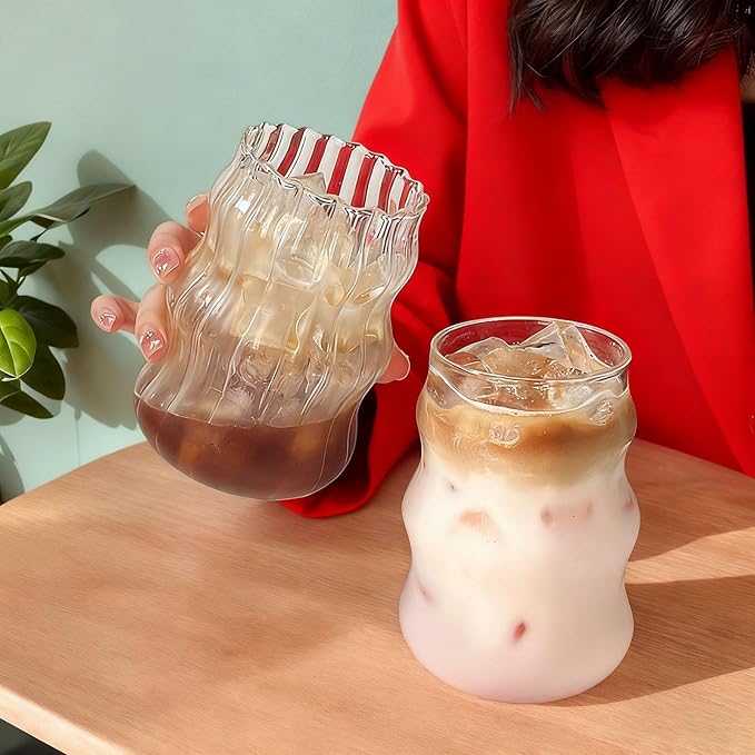 2 Pcs Ribbed Glass Cups, 18 oz Aesthetic Drinking Glasses for Coffee, Iced Drinks, Matcha - Wavy Design Glassware