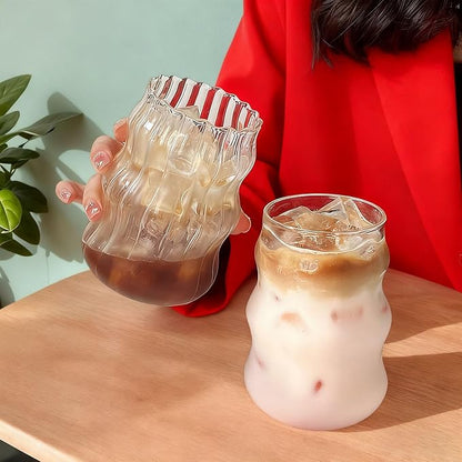 2 Pcs Ribbed Glass Cups, 18 oz Aesthetic Drinking Glasses for Coffee, Iced Drinks, Matcha - Wavy Design Glassware
