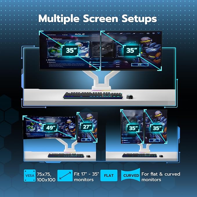 ARES WING Dual Monitor Mount for 17-35 Inch Ultrawide Heavy Duty Curved Screen, Computer Monitor Arm Desk Mount, Gas Spring Adjustable Dual Monitor Stand for Desk, White