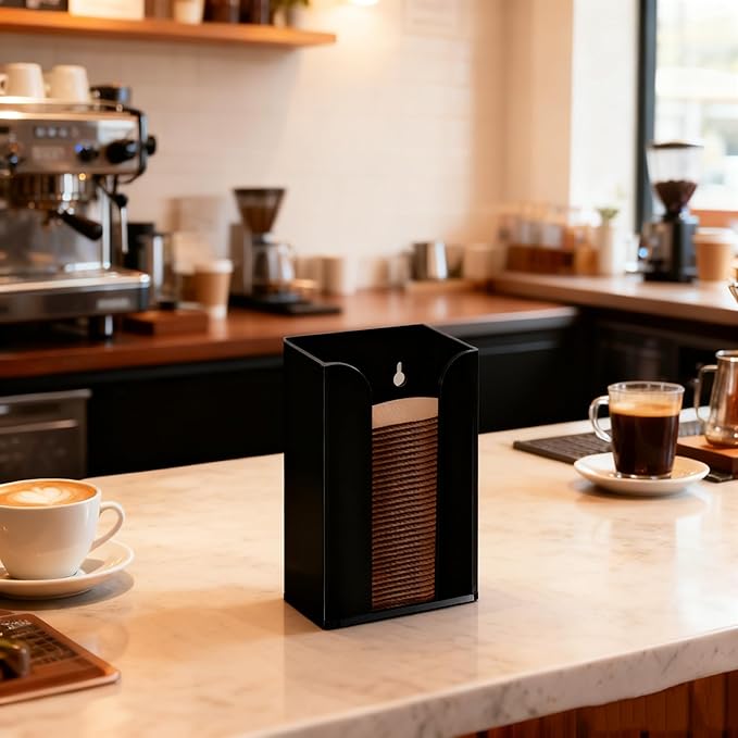 IEEK Coffee Cup Sleeve Holder,Coffee Collar Organizer for Bulk Storage,Kraft Paper Cup Sleeves Rack Black Acrylic Coffee Sleeve Dispenser,Countertop and Wall Mount Disposable Cup Sleeves Organizer