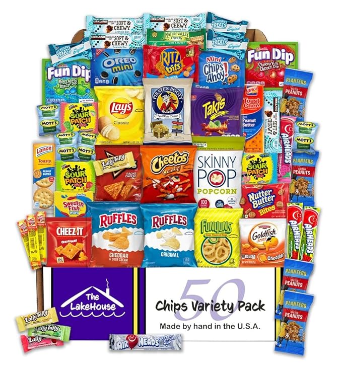 Chips Variety Pack 50 Count - Gift Basket Care Packages for College Students, Kids, Adults - Individually Wrapped School or Office Snacks with Chips, Cookies, Candy - Snack Packs from The LakeHouse