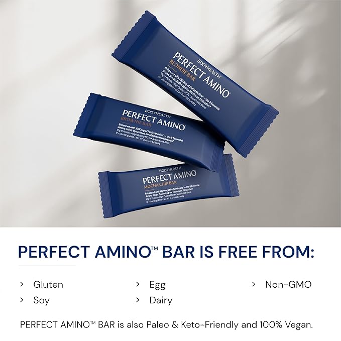 BodyHealth PerfectAmino Bar – Protein Energy Snack with 10g Protein, Plant-Based MCTs, Superfood Blend, Non-GMO, Gluten, Dairy & Soy Free (Mocha, 12 Pack)