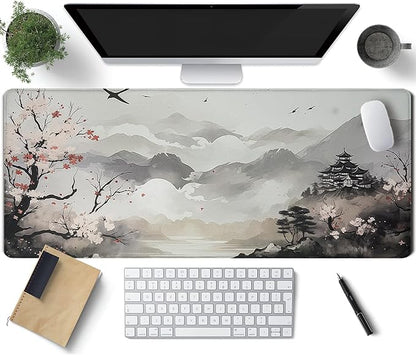 Cherry Blossom Patterns Desk Mat, Large Gaming Mouse Pad Non-Slip Rubber Base with Stitched Edges, Waterproof Protection for PC Laptop Home Office Desk Decor (31.5x11.8in)