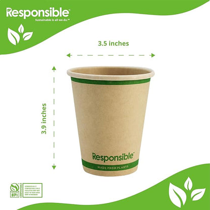 Responsible Products 10 oz Paper Hot Cups Bulk, Tree-Less™ Compostable Paper Coffee Cups, Extra Strength, Tree-Free and Made Without PFAS, Natural Brown (1000 Count)