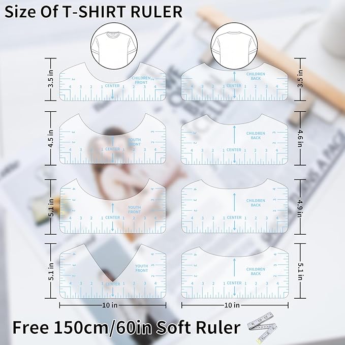 9pcs Tshirt Ruler Guide for Vinyl Alignment, T Shirt Rulers to Center Designs, PVC Measurement Template, Sewing Supplies Accessories Tools for Cricut Heat Press & HTVRONT HTV Transfer Vinyl (Blue)