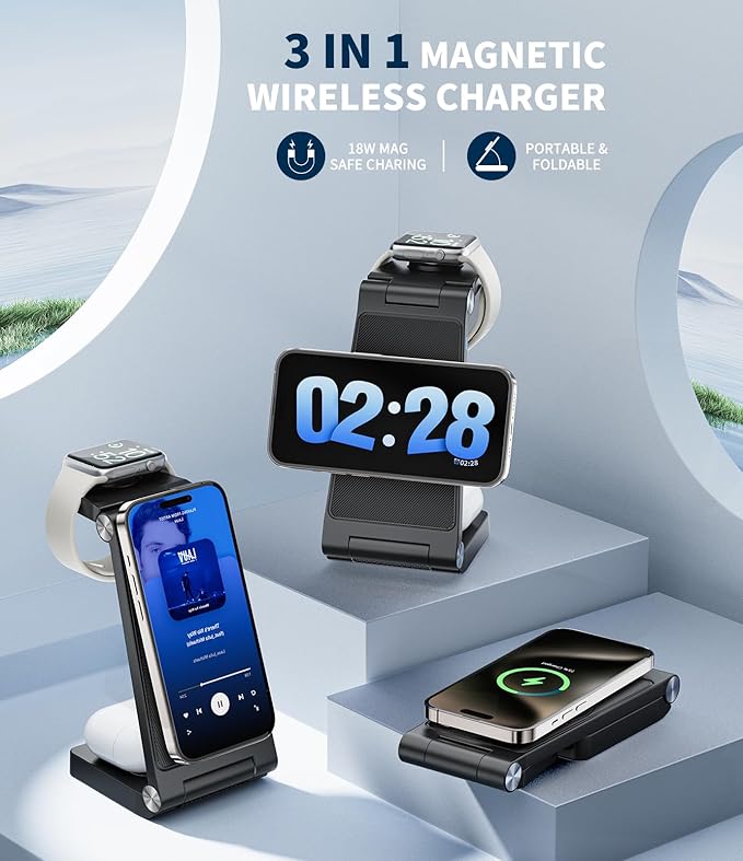Magnetic Wireless Charging Station, 3 in 1 Fast Max Charging for Smartphone,Watch,TWS - Space-Saving Multi-Device Stand (Black)