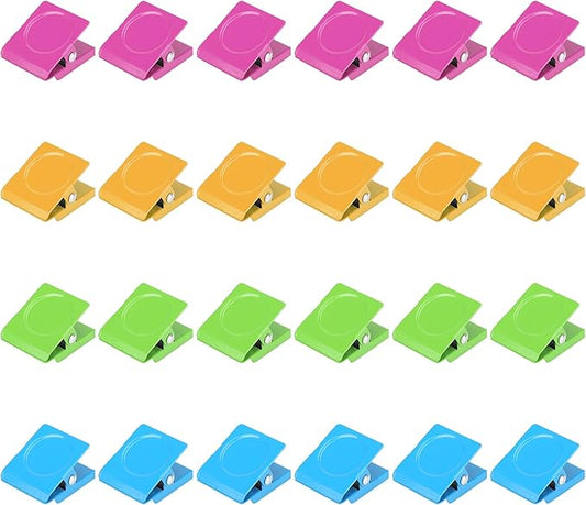 Magnetic Clips, 24 Pieces Heavy Duty Square Magnetic Clips for Office Classroom Whiteboard Paper Hanging, 1.2 inch Colorful Strong Magnet Metal Clips for Cruise Cabins Clipping Photo