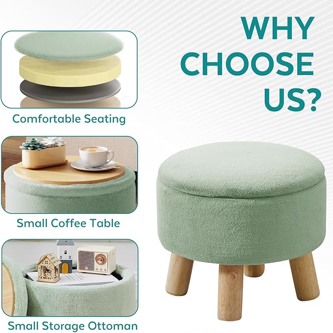 Small Foot Stool Ottoman with Storage, Faux Fur Ottoman Foot Rest for Couch, Round Footstool with Storage, Small Ottomans and Footstools for Living Room and Entryway (Light Green)