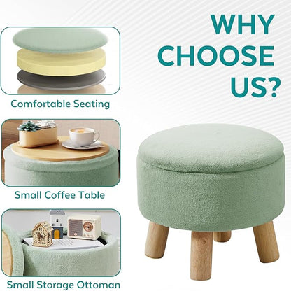 Small Foot Stool Ottoman with Storage, Faux Fur Ottoman Foot Rest for Couch, Round Footstool with Storage, Small Ottomans and Footstools for Living Room and Entryway (Light Green)