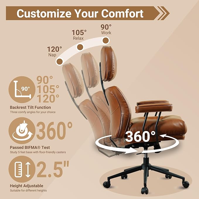 Ergonomic High Back Office Chair, PU Leather Home Office Desk Chairs with Wheels, Lumbar Support Swivel Computer Chair with Rocking Function, Brown