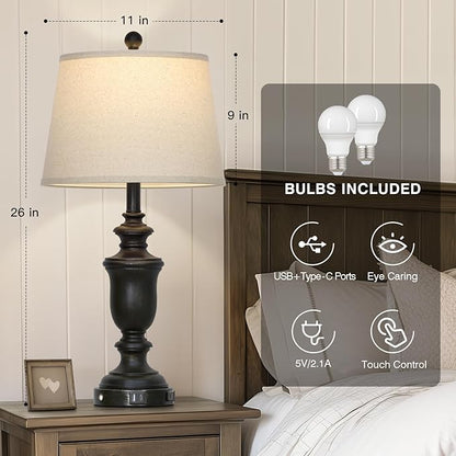 26" Black Table Lamps Set of 2 with USB C+A Ports & AC Outlet for Farmohouse Living Room Retro Bedroom,3-Way Dimmable Touch Lamp Resin Bedside Lamps for Nightstand Side End Table,Black