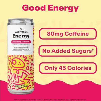 WellWithAll Strawberry Lemonade Energy Drink – Caffeine from Tea – With Vitamin C – Lightly Sparkling Beverage – Fruit & Veggie Juice Blend – 12 Oz (Pack of 12)