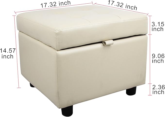 H&B Luxuries Tufted Leather Square Flip Top Storage Ottoman Cube Foot Rest (Cream with Storage)
