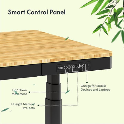 FLEXISPOT Q8 55" Bamboo Standing Desk, Dual Motor 3 Stages Adjustable Height Electric Computer Workstation w/Wireless Charging, Drawer, Quick Install, 220lbs Capacity (Bamboo Tabletop + Black Frame)