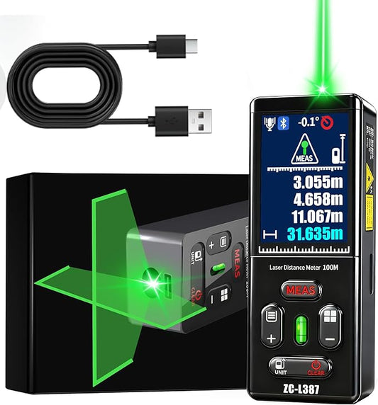 Laser Measuring Tool 328 Ft Dual Green Laser Rangefinder Green Crosshair Laser Measuring Tool Backlit LCD Display Rechargeable Laser Rangefinder/Length/Volume/Area/Voice (m/Ft/in) ZC-L387 ZHOUCE