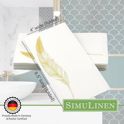 SimuLinen Decorative Gold Feather Design Paper Towels - Hand Towels for Bathroom - Cloth-Like, Linen-Feel for Guest Bathroom Essentials, Size: 12x17” (Pack of 500) Made in Germany
