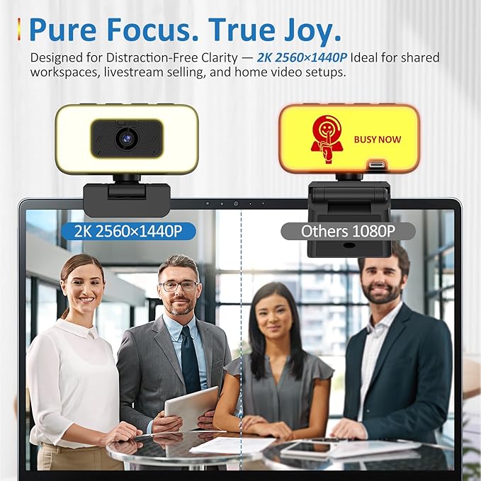2K Webcam for PC/Laptop/Mac with Light, USB Computer Camera with Microphone for Desktop Monitor 【Focus in Shared or Home Space】 Auto Anti-Disturb Backlight, Zoom, Flip, Plug & Play