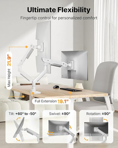 monTEK Sleek Aluminum Monitor Arm for 17–57” Ultrawide Screens up to 59 lbs, Heavy Duty Single Monitor Arm Desk Mount, Pneumatic Lift, Quick-Release Plate, Clamp/Grommet, Max VESA 100x100