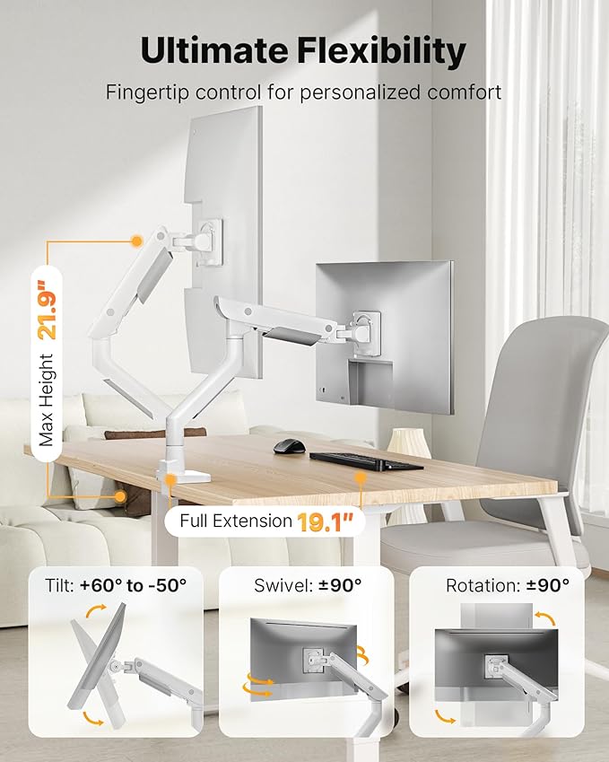 monTEK Sleek Aluminum Monitor Arm for 17–57” Ultrawide Screens up to 59 lbs, USB 3.0 A/C, Heavy Duty Single Monitor Arm Desk Mount, Pneumatic Lift, Quick-Release Plate, Clamp/Grommet, Max VESA 100x100