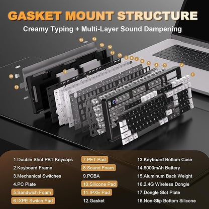 YUNZII AL98 QMK/VIA Wireless Mechanical Gaming Keyboard,Full Aluminum,BT/2.4G/USB-C, Pre-Lubed Hot Swappable Gasket Mount 1800 Layout,RGB Backlit for Win/Mac (Black, Milk Switch)