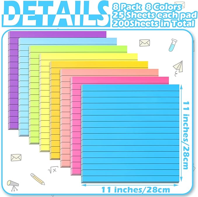8 Pads Big Sticky Notes 11 x 11 Inch Lined Jumbo Large Sticky Notes for Wall,Giant Strong Power Memo Square Post for Office, 25 Sheets/Pad(Bright Color)