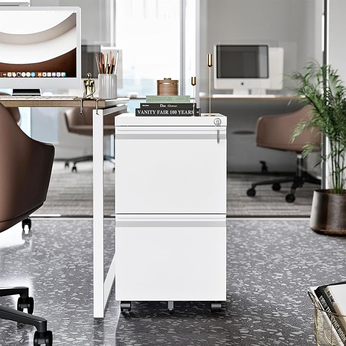 2 Drawer File Cabinet, Small Mobile File Cabinet with Lock, Metal Rolling Filing Cabinets for Letter/Legal/A4 File, Home, Office, White