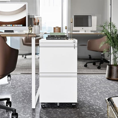 2 Drawer File Cabinet, Small Mobile File Cabinet with Lock, Metal Rolling Filing Cabinets for Letter/Legal/A4 File, Home, Office, White
