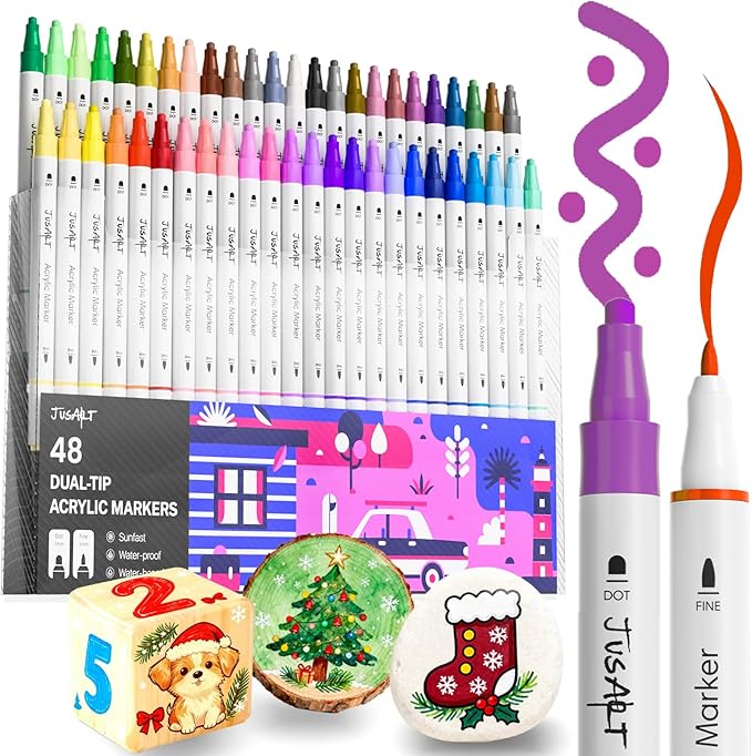 JusArt 48 Colors Dual Tip Acrylic Paint Markers with Dot and Fine Tip, No-Bleed Paint Pens and Waterproof Markers for Rock, Wood, Glass, Ceramic - Vibrant Art Supplies for Kids, Beginners & Artists