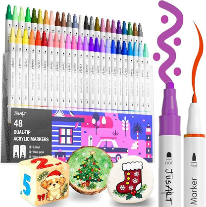 JusArt 48 Colors Dual Tip Acrylic Paint Markers with Dot and Fine Tip, No-Bleed Paint Pens and Waterproof Markers for Rock, Wood, Glass, Ceramic - Vibrant Art Supplies for Kids, Beginners & Artists