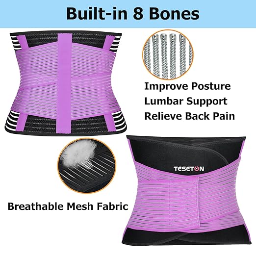 Back Support Brace Belt for Men & Women, Breathable Lumbar Support Belt, scoliosis back brace, Waist Relax Lower Back Pain & Sciatica Pain Relief with 8 reinforced Bones 02 Purple-M
