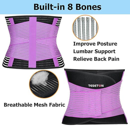 Back Support Brace Belt for Men & Women, Breathable Lumbar Support Belt, scoliosis back brace, Waist Relax Lower Back Pain & Sciatica Pain Relief with 8 reinforced Bones 02 Purple-L