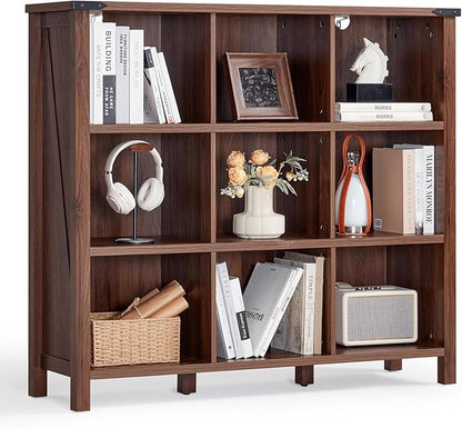9 Cube Bookcase, Farmhouse 47 Inch Wide Brown Walnut Bookshelf, Wooden 3 Tier Display Large Open Book Shelf, Vintage Horizontal Book Case for Home Office, Cubby Storage Cabinet for Living Room