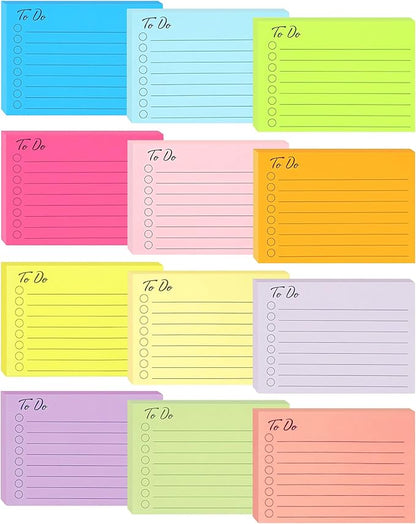 12 Pads to Do List Sticky Notes, 504 Sheets, 3x4 Inch with Line Adhesive Memo, 12 Bright Multi Colors Self-Stick Note Pads, to Do List Notepad, Easy to Use for Home, Office, Notebook
