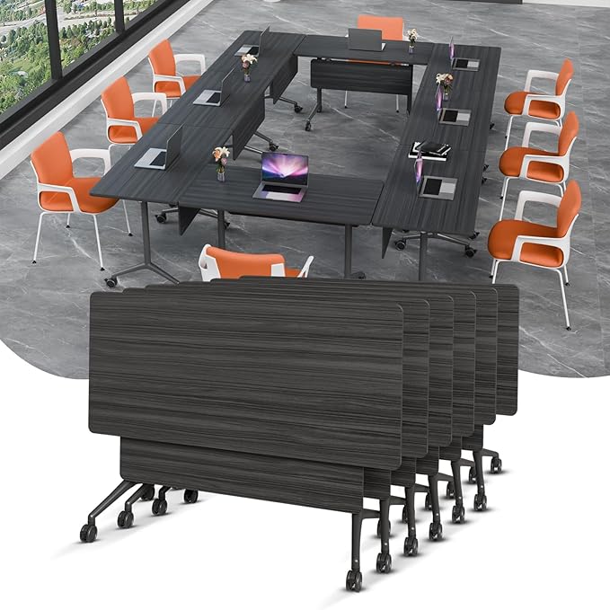 Folding Conference Table, Rectangular Conference Room Tables, Mobile Modular Training Table, Solid Steel Frame,Thickened Panel,for Offices,Meeting Room,Offices andSchools (6, Ebony, 47in)