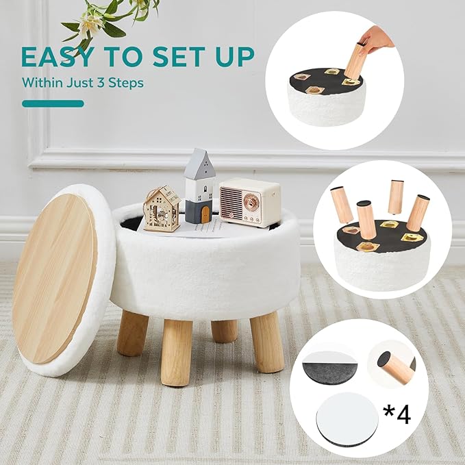 Small Foot Stool Ottoman with Storage, Faux Fur Ottoman Foot Rest for Couch, Round Footstool with Storage, Small Ottomans and Footstools for Living Room and Entryway (White)