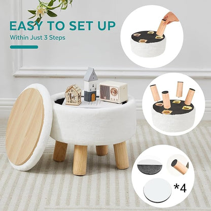 Small Foot Stool Ottoman with Storage, Faux Fur Ottoman Foot Rest for Couch, Round Footstool with Storage, Small Ottomans and Footstools for Living Room and Entryway (White)