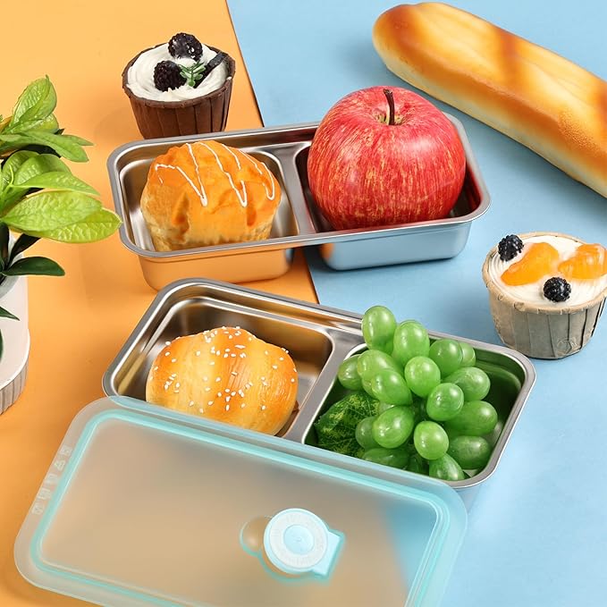 8 Pcs 30 oz Bento Boxes, 2 Compartments 304 Stainless Steel Food Storage Containers Snack Boxes with Leakproof Lids, Divided Meal Prep Lunch Box Food Container Dishwasher Safe