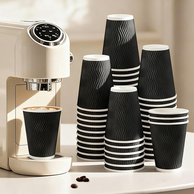 500 Pack 12oz Disposable Coffee Cups,Insulated Ripple Wall Paper Coffee Cups Bulk 12ounce,Hot & Cold Beverage Cup for Party,Home,Office,Cafe,Travel(Black)