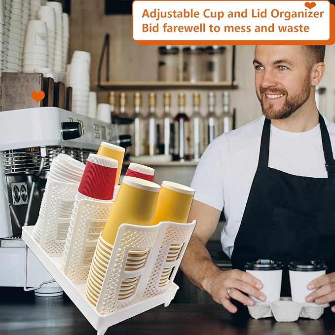 Coffee Cup Organizer Holder, CIT ZCFYU Adjustable Cup and Lid Storage Rack,6 Slots Disposable Paper Cup Dispenser fits 8-22oz,Plastic Cup Stand for Coffee Station Bar Countertop Home Kitchen,White