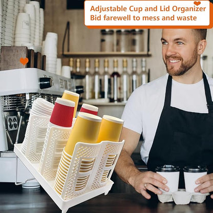 Coffee Cup Organizer Holder, CIT ZCFYU Adjustable Cup and Lid Storage Rack,6 Slots Disposable Paper Cup Dispenser fits 8-22oz,Plastic Cup Stand for Coffee Station Bar Countertop Home Kitchen,White