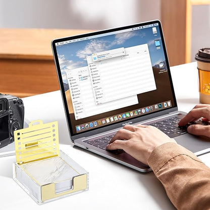 Buqoo Gold Acrylic Sticky Note Holder with Metal Stencil, 2* Sticky Notes 3"x3", Post It Note Dispenser Sticky Note Pad Holder Organizer for to Do Lists, Grocery Lists, Project Lsts It Holds