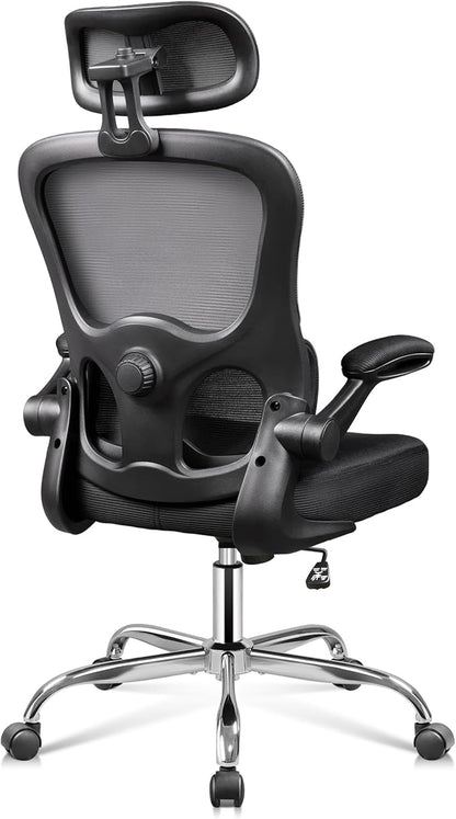 DEVAISE Ergonomic Mesh Desk Chair, Separated-Adjustable Lumbar Support，Large Cushion, Flip-up Armrests, 90-125° Rocking Tilt, for Home Office Computer Gaming, Black