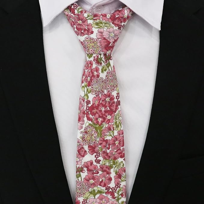 Cotton Floral Ties for Men 2.76" Men's Skinny Tie Linen Flower Printed Neck Tie for Wedding Dating Party