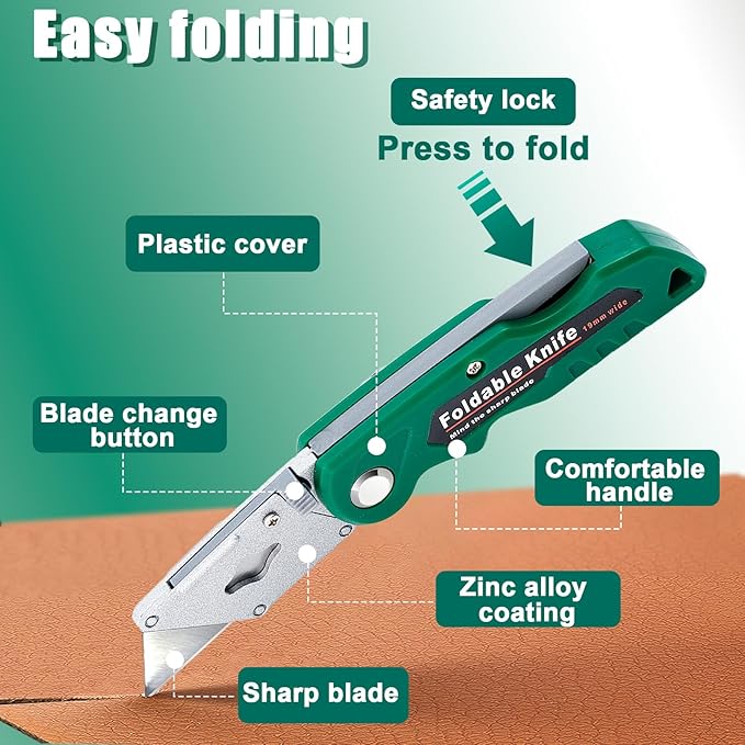 10 Pack Folding Utility Knife, Folding Box Cutter with 30 Extra Blades, Heavy Duty Utility Knife, Pocket Box Cutter for Cardboard, Boxes, Stainless Belt Clip, Quick Change Blades