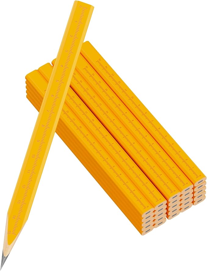 25 Pack Carpenter Pencils with Ruler - Flat Yellow Octagonal Woodworking Pencils for Construction, Marking, Framing - Hard HB Graphite