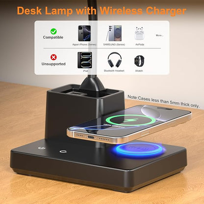 Sailstar Desk Lamp, Table Lamp with Wireless Charger & USB Port, 800LM CRI95 3 Color Modes Dimmable Touch Flexible Arm Pen Holder, LED Desk Lamps for Home Office, College Dorm Room, Adapter Included