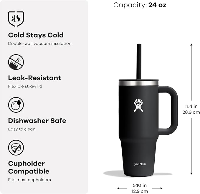 Hydro Flask Travel Tumbler with Handle, Lid and Straw - Insulated Stainless Steel in 24 Oz Tonal Birch