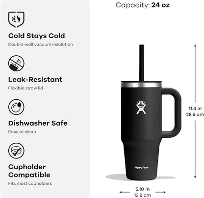 Hydro Flask Travel Tumbler with Handle, Lid and Straw - Insulated Stainless Steel in 24 Oz Tonal Birch