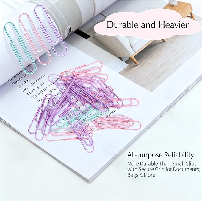 300psc 2 Inch Anti-Rust Metal Large Paper Clips in Macaron Purple, Pink & Green, Ideal for Office, Home & School Use, 50mm Jumbo Paper Clips, Cute Office Desk Supplies,