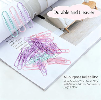 300psc 2 Inch Anti-Rust Metal Large Paper Clips in Macaron Purple, Pink & Green, Ideal for Office, Home & School Use, 50mm Jumbo Paper Clips, Cute Office Desk Supplies,